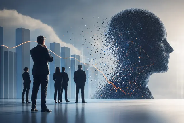 Illustration of executives reviewing AI return on investment dashboards and workforce metrics