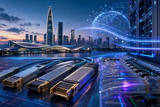 Illustration of high-speed optical interconnects linking AI data-center hardware