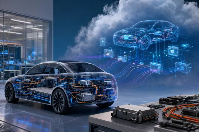 Illustration of a connected vehicle architecture represented as a digital model for cloud-based testing