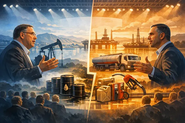Editorial illustration of crude oil tankers and refined-fuel shipping disrupted near the Strait of Hormuz
