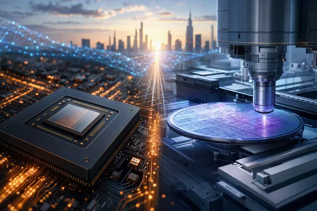 Editorial illustration representing AMD, ASML and the AI semiconductor infrastructure race