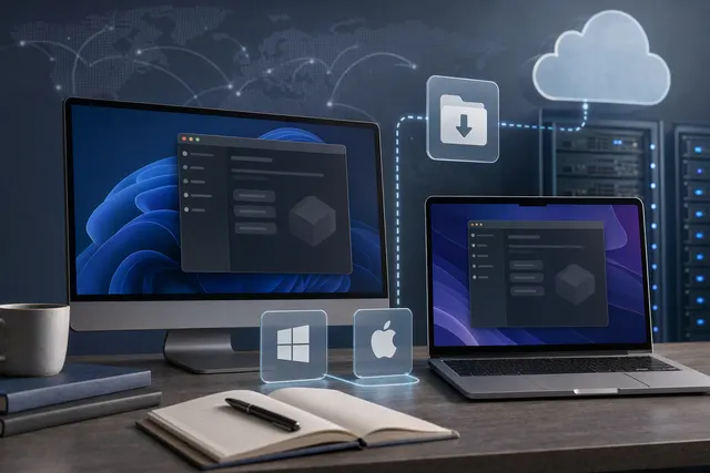 Editorial illustration representing the DeepSeek Harness desktop preview for Windows and macOS