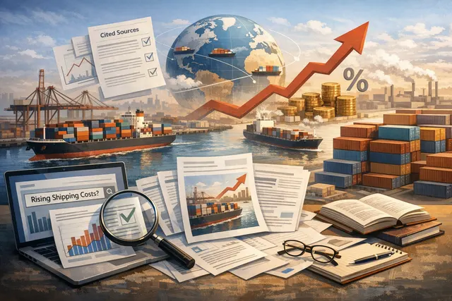 A stylized map of the Strait of Hormuz with shipping containers and fuel price graphs, illustrating the 2026 shipping cost inflation crisis.