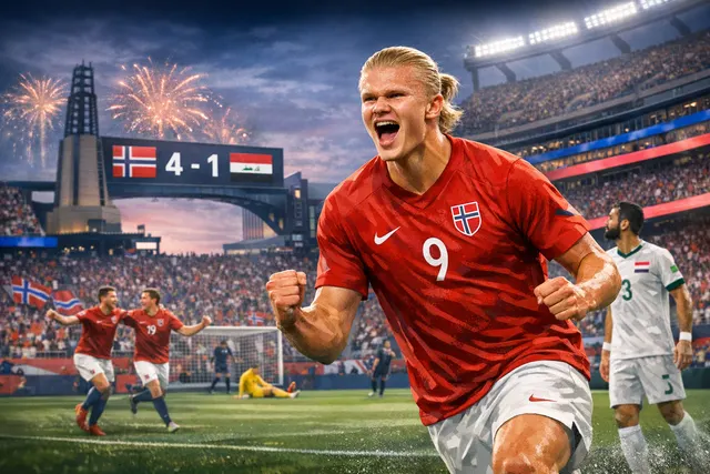 Erling Haaland celebrating a goal on his World Cup debut in Norway's 4-1 victory over Iraq at the 2026 FIFA World Cup.
