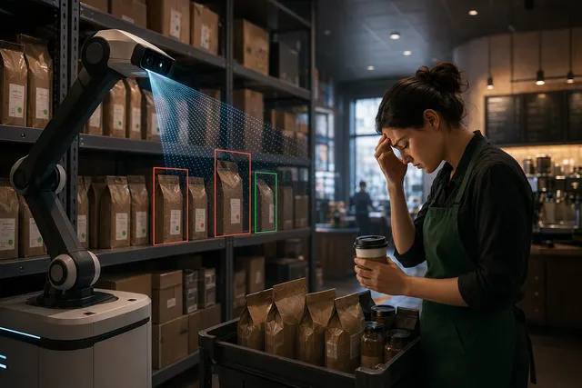 Illustration representing Starbucks AI inventory system counting products in a store