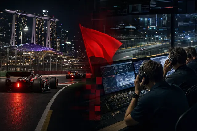 Illustration of a Formula 1 car on a floodlit Singapore street circuit