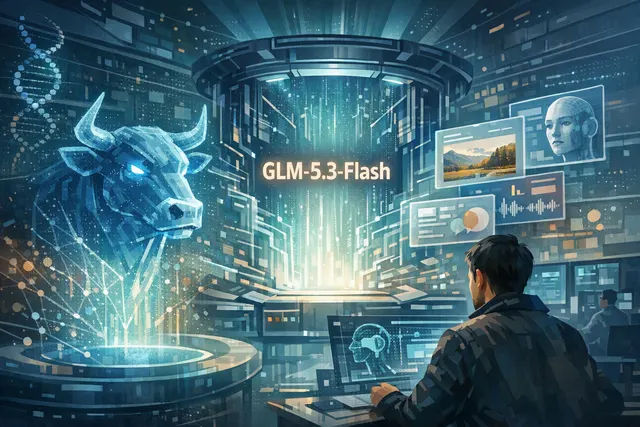 Editorial illustration of Zhipu AI's GLM-5.3-Flash model and domestic AI chip infrastructure
