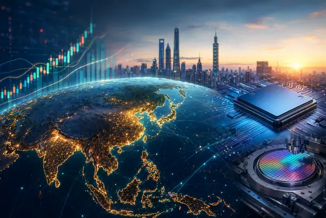 Illustration of emerging markets rally driven by AI semiconductor boom in Taiwan and South Korea