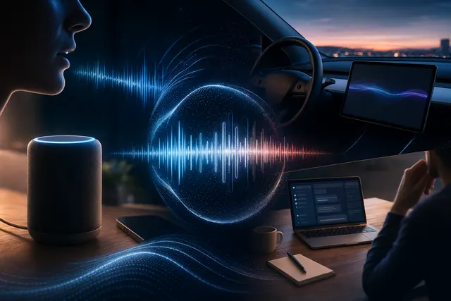 Abstract editorial image of a Grok-style AI voice assistant connected to mobile and car interfaces