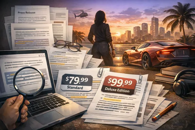 AI-generated editorial hero image of Grand Theft Auto VI cover art concepts with Vice City skyline, price tags and pre-order details