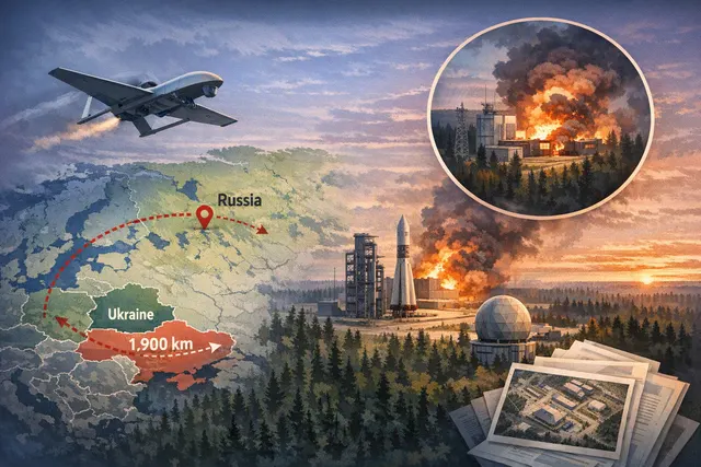 Editorial illustration of drones approaching a remote Russian military spaceport in the Arkhangelsk region