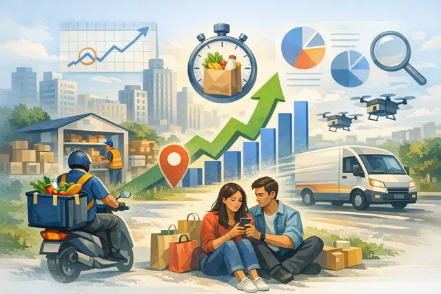 Illustration of Flipkart Minutes competing with Blinkit, Zepto and Swiggy Instamart in India’s quick-commerce market
