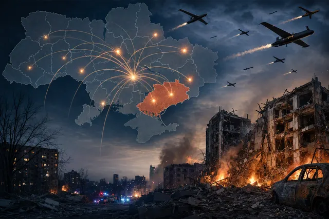 AI-generated editorial illustration of the drone war affecting Ukraine