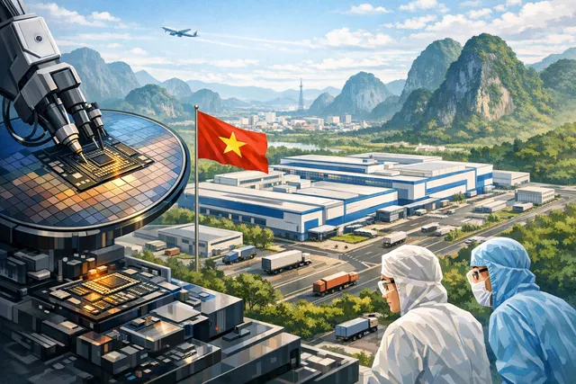 Digital illustration of a Samsung Electronics semiconductor testing plant under construction in Thai Nguyen province, Vietnam, with circuit-like patterns extending across the lands