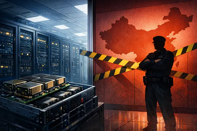 Illustration of Nvidia AI chips and data-centre infrastructure amid U.S.-China technology restrictions