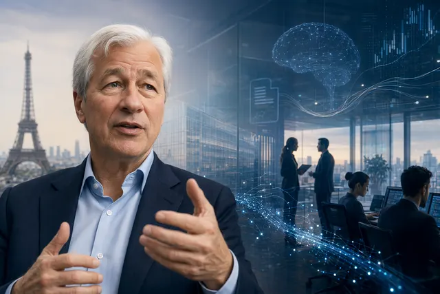Editorial illustration of AI systems, banking data and data-center infrastructure
