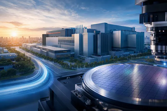 Illustration of an advanced semiconductor fabrication facility and silicon wafers representing TSMC’s A14 process roadmap