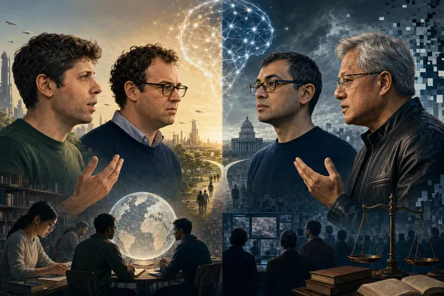 Editorial illustration representing the debate over artificial general intelligence and AI governance