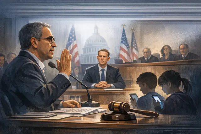 Editorial illustration about Arturo Béjar’s testimony and Meta’s child-safety trial