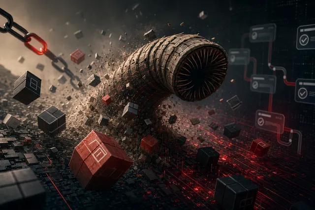 Illustration of a software supply chain attack affecting npm packages and developer pipelines