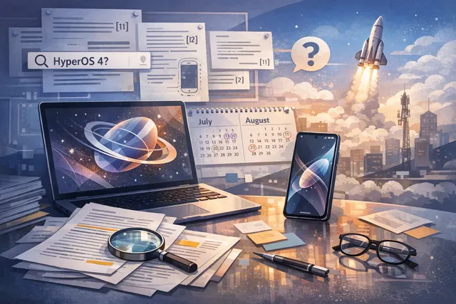 AI-generated concept art of Xiaomi HyperOS 4 interface with liquid glass UI, transparent surfaces, and depth effects
