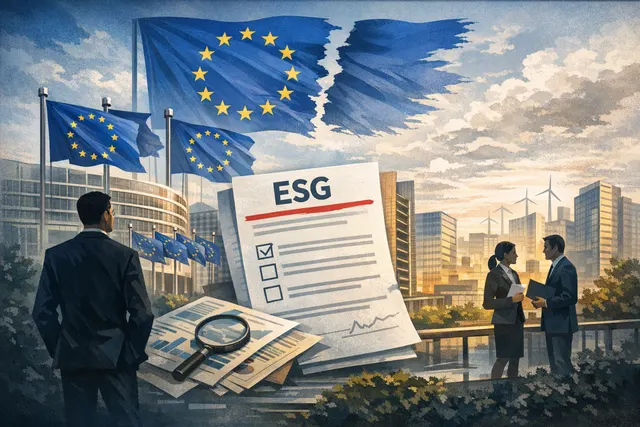 A conceptual illustration of a European Union flag dissolving into data gaps, symbolizing the tension between simplified ESG regulations and investor demands for transparent climat