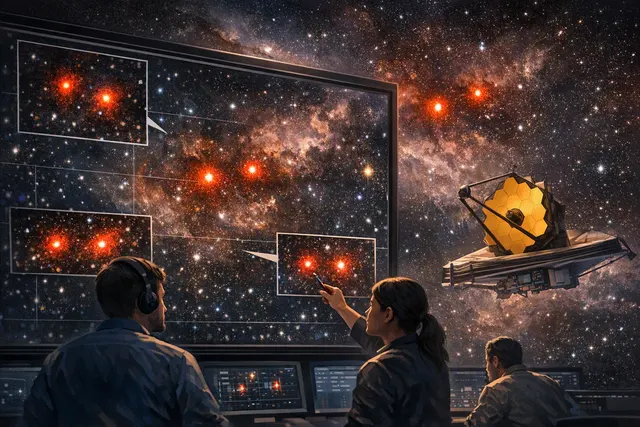 Illustration of paired red astronomical sources representing Little Red Dots and growing black holes in the early universe