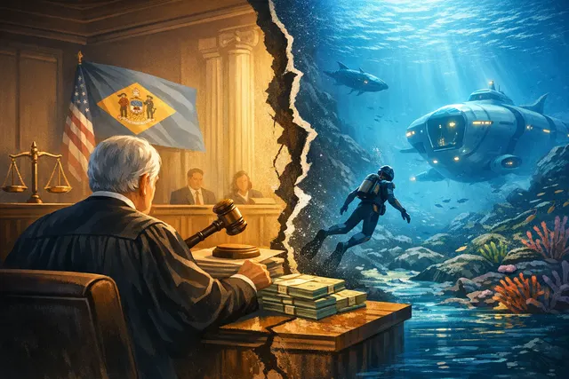 AI-generated editorial image illustrating the legal and financial conflict surrounding the Subnautica 2 earnout dispute.