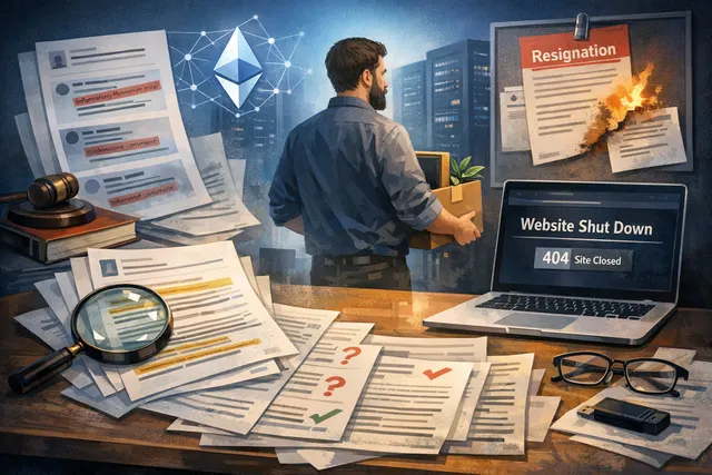 Ethereum Name Service (ENS) logo on a dark background with network nodes, representing the DAO governance crisis and centralization debate.