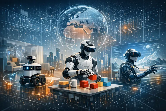 An abstract visualization of three AI-powered robots representing the Qwen-Robot Suite's capabilities in manipulation, navigation, and world modeling.