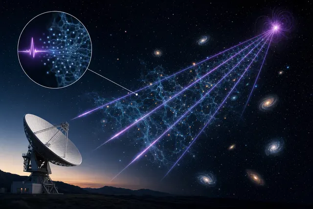 Illustration of fast radio burst signals traveling through the cosmic web and ionized gas around galaxies