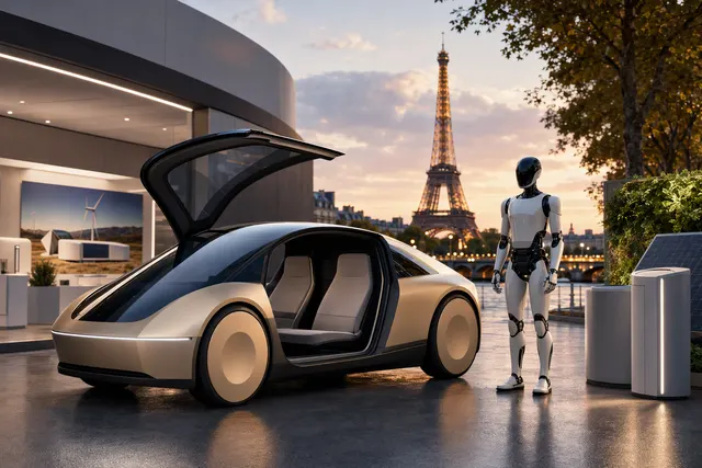 What will Tesla display and offer visitors at the Oct. 12–18 Paris Motor Show, what makes the two seat, steering wheel and pedal free Cyberc