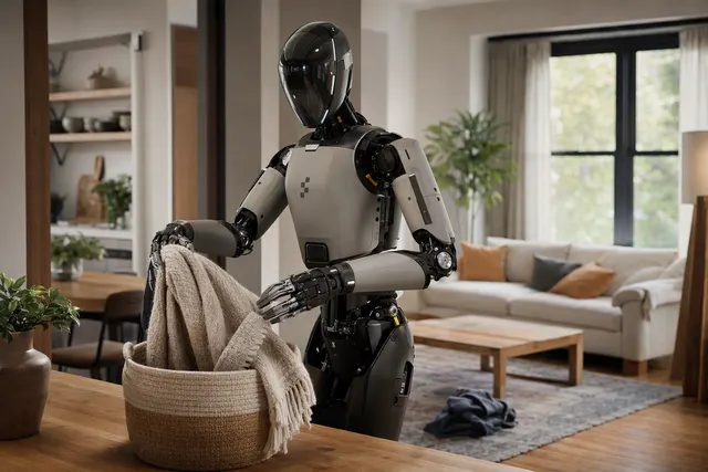 Editorial illustration of a humanoid robot performing household work in a modern home