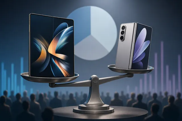 Editorial illustration for a comparison of the Galaxy Z Fold 8 and iPhone Duo foldable phones