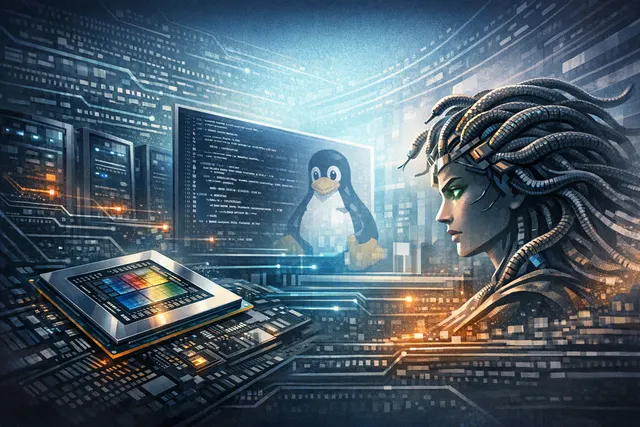 Editorial illustration of AMD RDNA 4m firmware enabling Linux graphics on a future Medusa Point APU