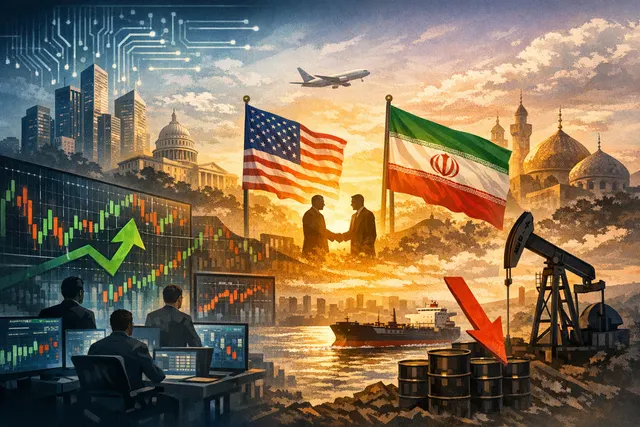 A visual representation of global financial markets reacting to geopolitical tensions, with upward stock charts contrasting a downward oil price trend and a map of the Strait of Ho