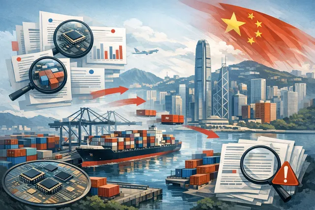 An abstract digital illustration of a cargo ship and semiconductor microchips, representing Hong Kong's role as a global transshipment hub for high-tech electronics.