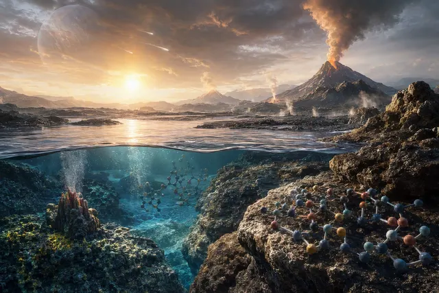 Illustration of the impact-bombarded early Earth and its cooling crust