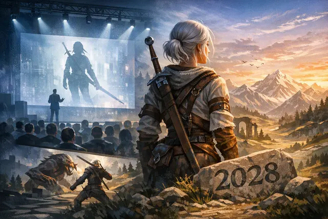Ciri and Geralt in a dark-fantasy Witcher landscape, representing The Witcher 4’s 2028 target and The Witcher 3’s upcoming projects