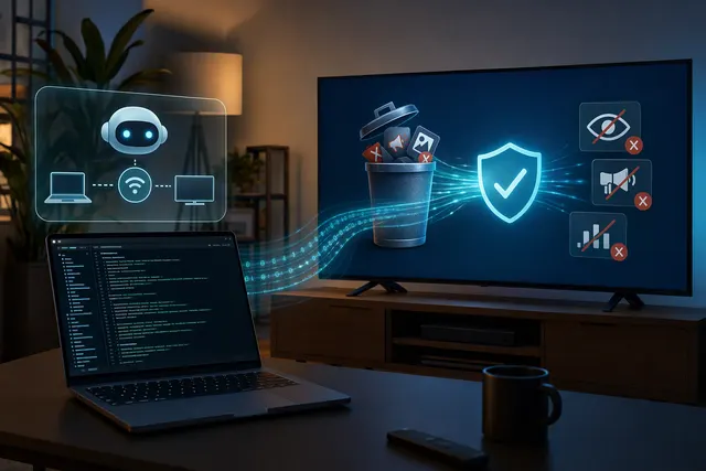 Illustration of a smart TV home screen being simplified with an AI coding assistant