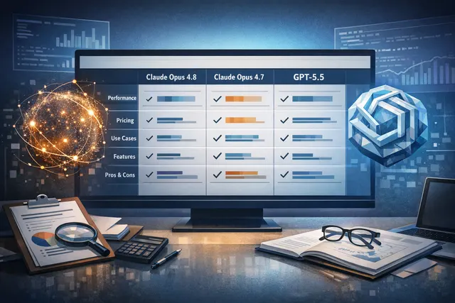 Side-by-side comparison of Claude Opus 4.8, Claude Opus 4.7, and GPT-5.5 with benchmark scores and pricing displayed on a futuristic dashboard for 2026.