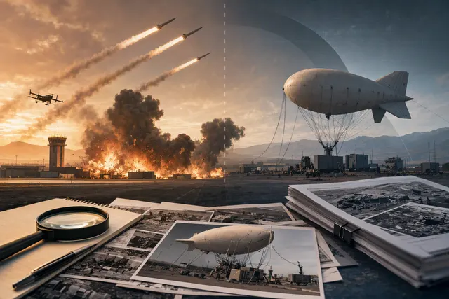 Editorial illustration of a tethered surveillance aerostat near an airport amid a regional military escalation