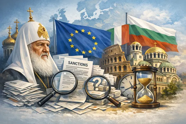 Symbolic illustration of a gavel, the European Union flag, and a Russian Orthodox cross representing the diplomatic clash over sanctions on Patriarch Kirill.
