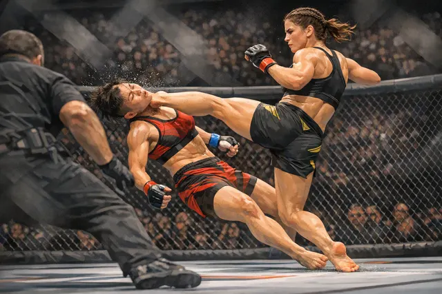Illustrated MMA scene depicting Julia Polastri landing a right high kick against Xiong Jingnan at UFC Shanghai