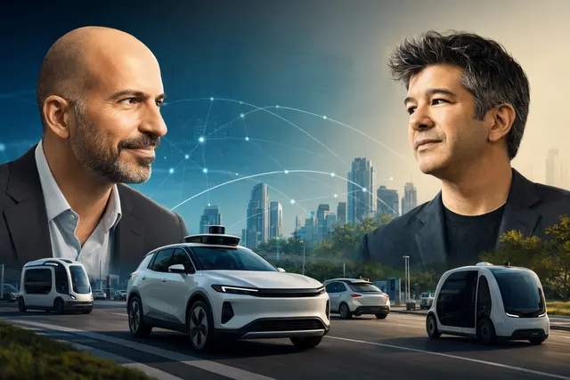 Illustration representing a potential reunion between Uber and founder Travis Kalanick around autonomous vehicle technology