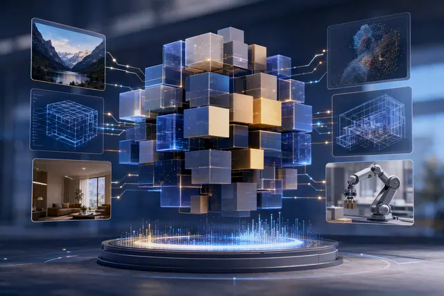 Editorial illustration representing a multimodal AI model analyzing visual and text information
