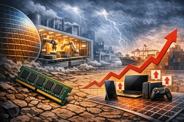 Graphic representing the memory chip shortage (RAMageddon) with chips, AI data centers, and consumer electronics.