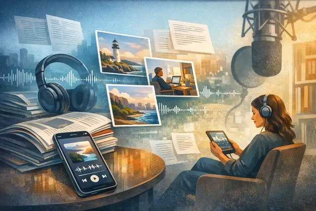 Illustration contrasting Spotify's past billion-dollar podcast studio acquisitions with its new narrated magazine article format inside the Audiobooks section.