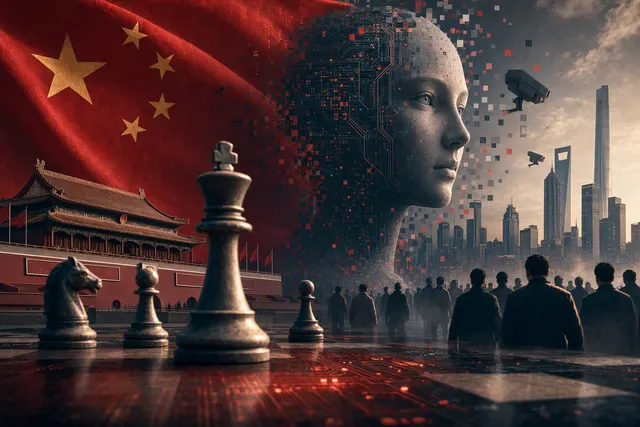 Editorial illustration representing artificial intelligence, cybersecurity and China’s national-security concerns