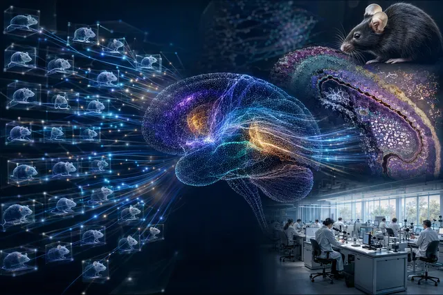 Conceptual illustration of AI agents analyzing connections between mouse-brain cells, gene disruptions and scientific research